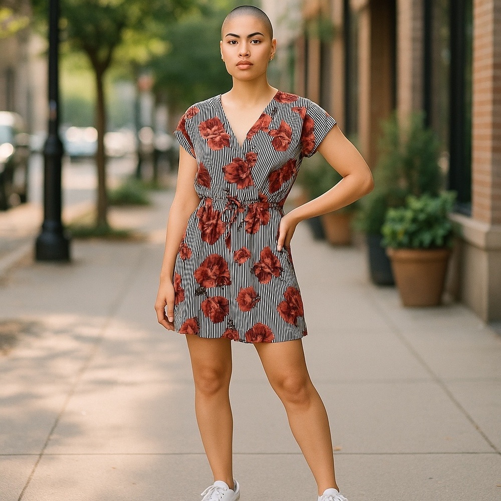 Speed Control New York zipper front striped floral dress. Brass hardware